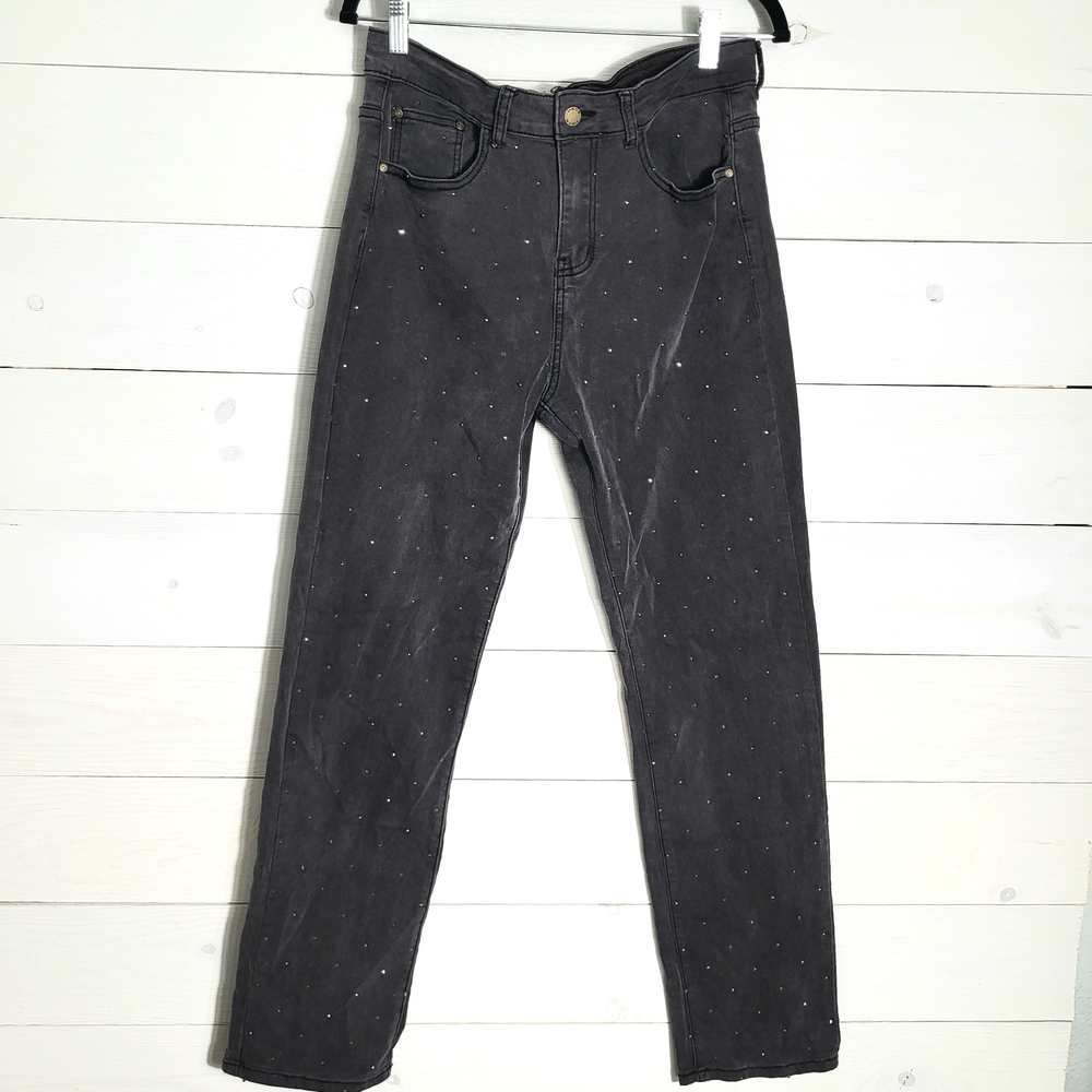 Bebe Women's  Jeans Studded Embellished Black Gray Denim Cotton.
